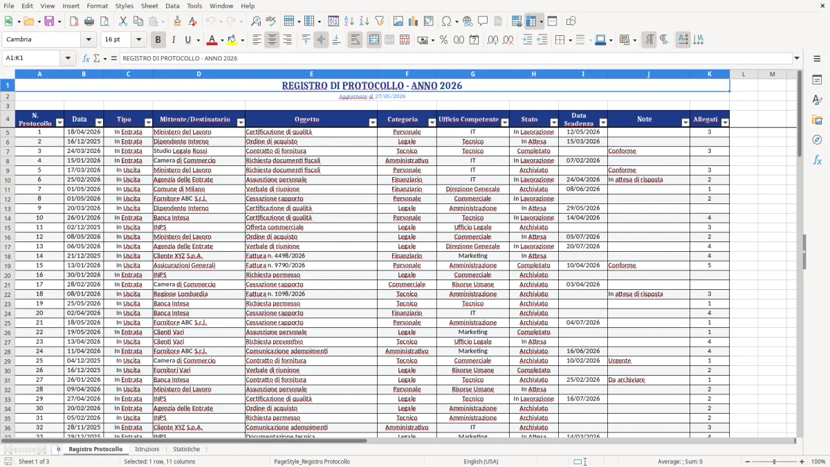 Figura 1: Foglio Registro Protocollo - Modello Excel registro protocollo excel