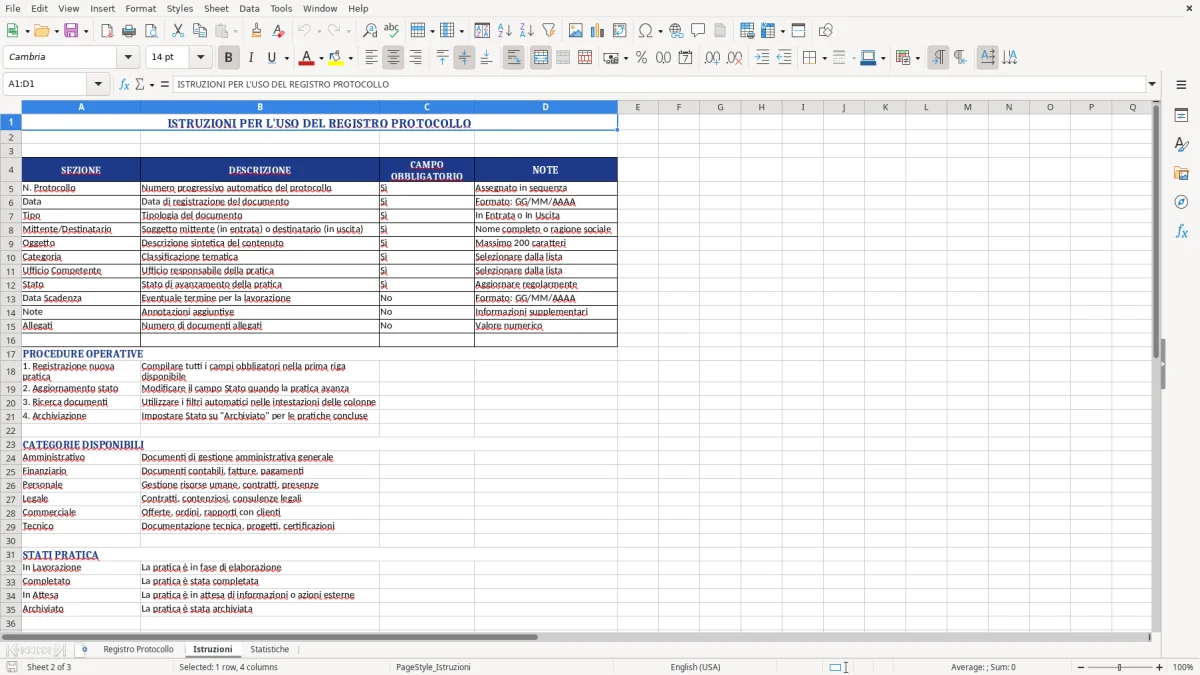Figura 2: Foglio Istruzioni - Modello Excel registro protocollo excel