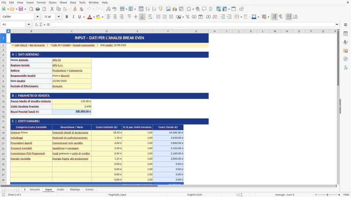 Figura 1: Foglio Istruzioni - Modello Excel Analisi break even punto pareggio Excel - Modello Gratis (2026)