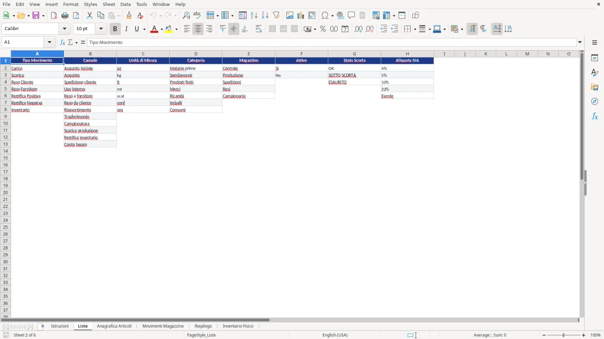 Figura 2: Foglio Liste - Modello Excel Carico scarico merci magazzino Excel - Modello Gratis (2026)