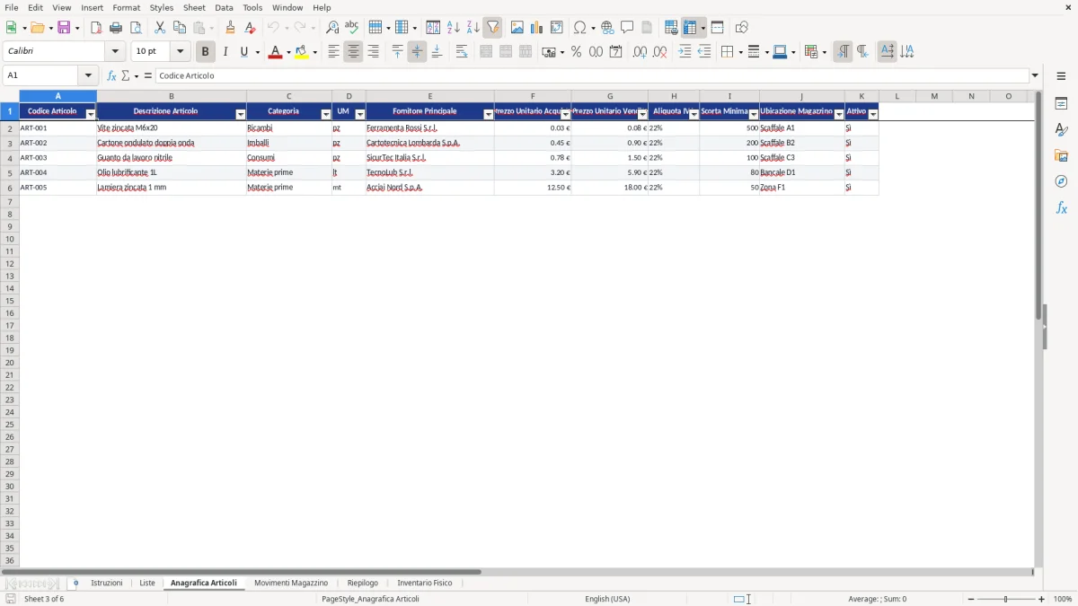 Figura 3: Foglio Anagrafica Articoli - Modello Excel Carico scarico merci magazzino Excel - Modello Gratis (2026)