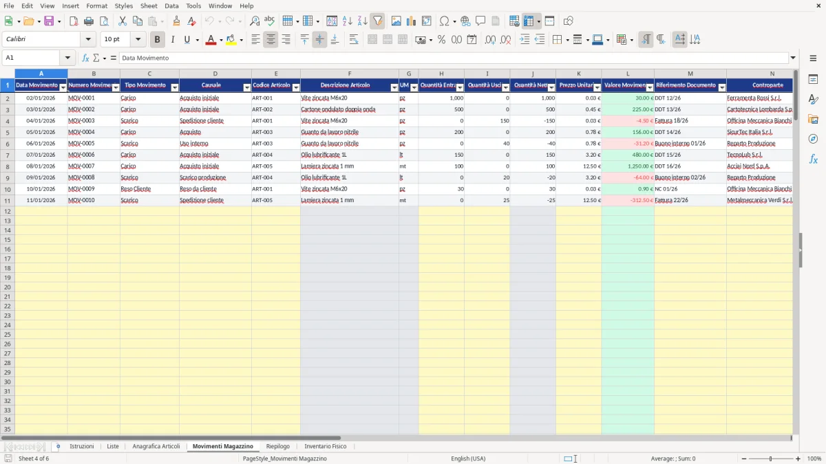 Figura 4: Foglio Movimenti Magazzino - Modello Excel Carico scarico merci magazzino Excel - Modello Gratis (2026)