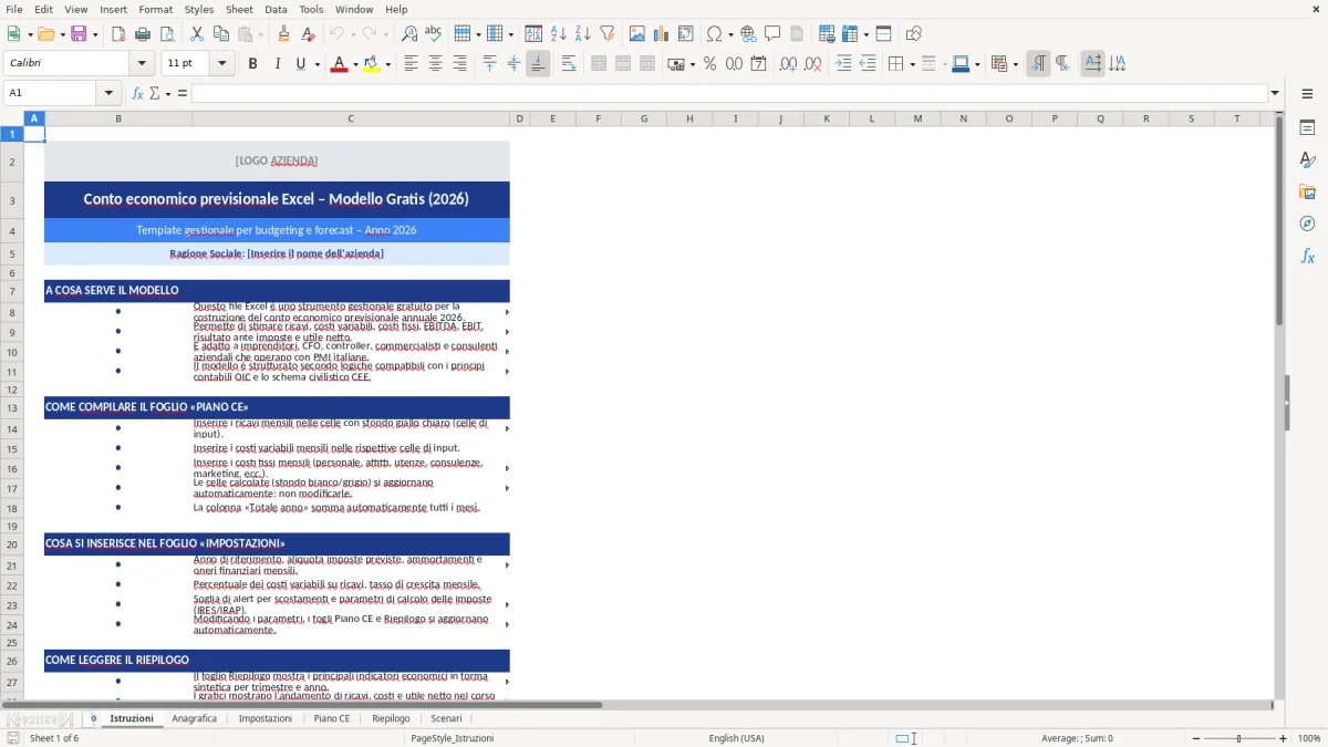 Figura 1: Foglio Istruzioni - Modello Excel Conto economico previsionale Excel - Modello Gratis (2026)