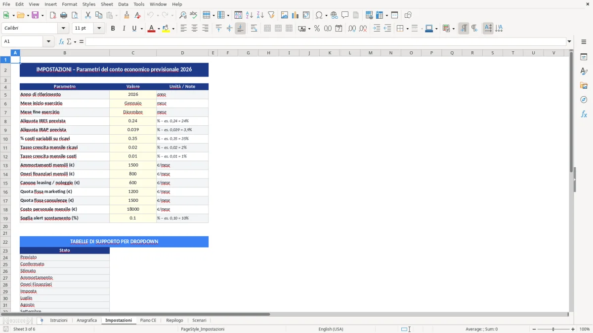 Figura 3: Foglio Impostazioni - Modello Excel Conto economico previsionale Excel - Modello Gratis (2026)