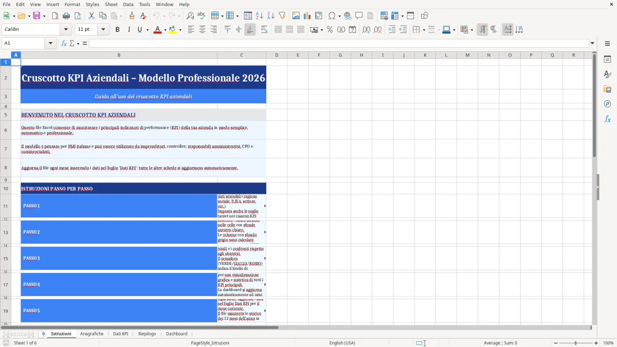 Figura 1: Foglio Istruzioni - Modello Excel Cruscotto KPI aziendali Excel - Modello Gratis (2026)