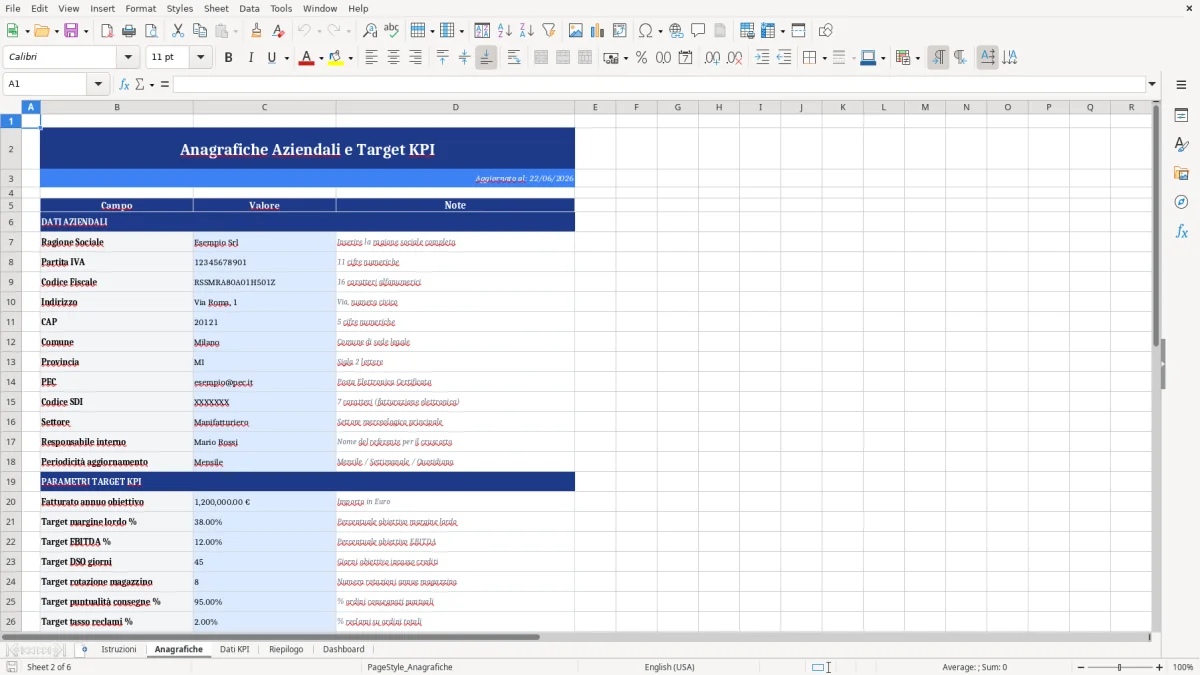 Figura 2: Foglio Anagrafiche - Modello Excel Cruscotto KPI aziendali Excel - Modello Gratis (2026)