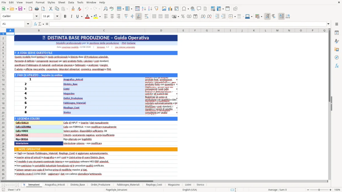 Figura 1: Foglio Istruzioni - Modello Excel Distinta base produzione Excel - Modello Gratis (2026)