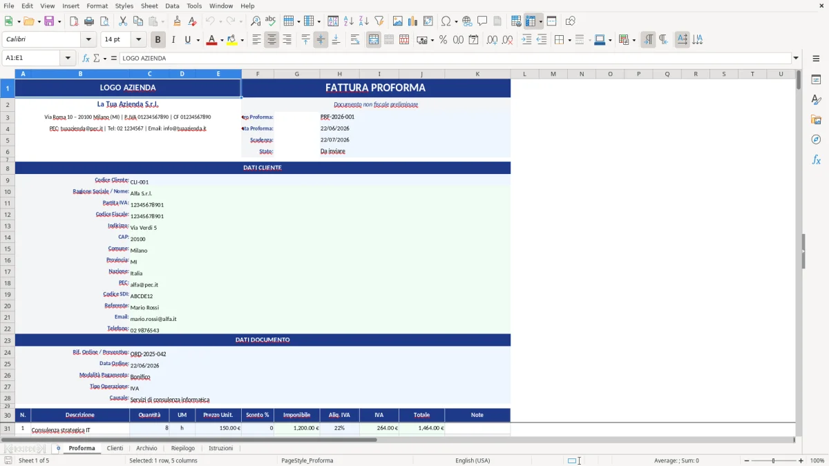 Figura 1: Foglio Proforma - Modello Excel Fattura proforma cliente Excel - Modello Gratis (2026)