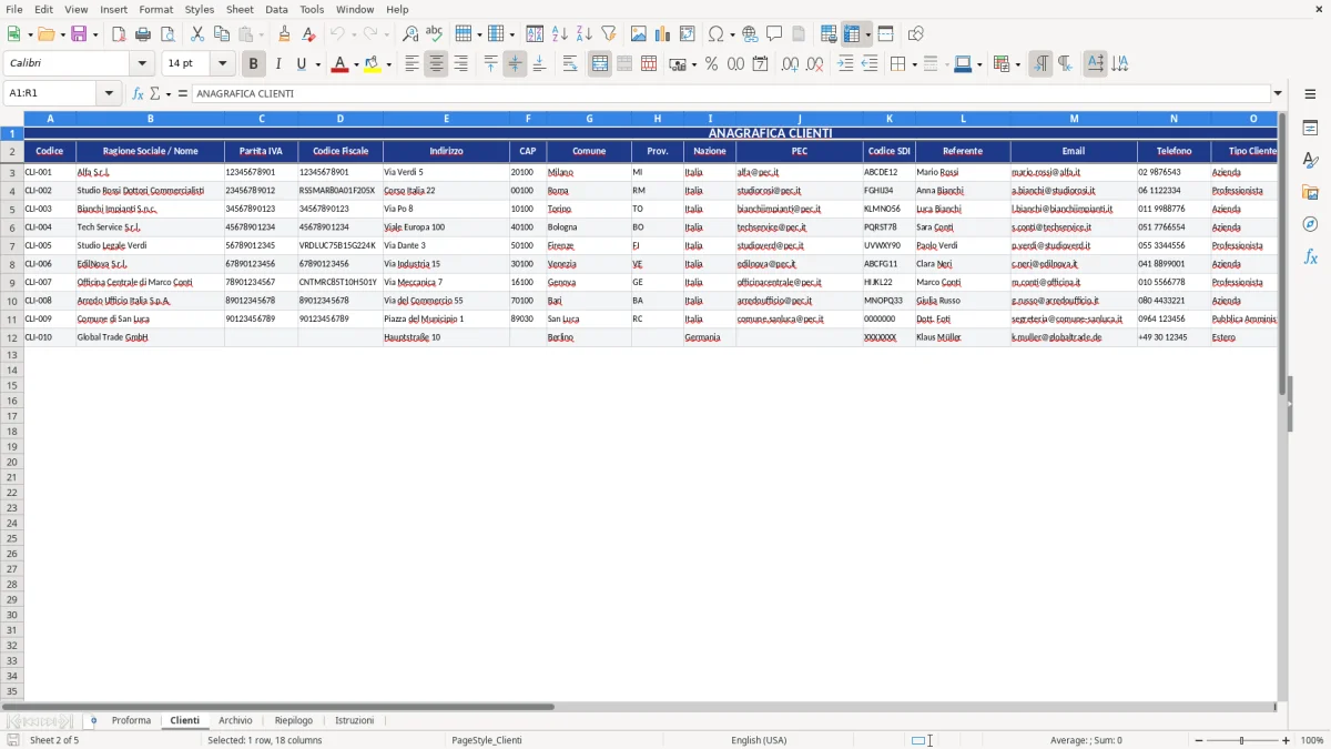 Figura 2: Foglio Clienti - Modello Excel Fattura proforma cliente Excel - Modello Gratis (2026)