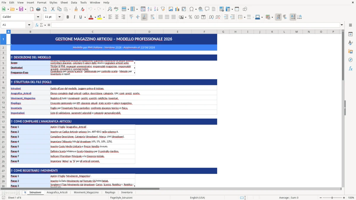 Figura 1: Foglio Istruzioni - Modello Excel Gestione magazzino articoli Excel - Modello Gratis (2026)