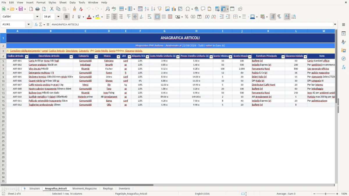 Figura 2: Foglio Anagrafica_Articoli - Modello Excel Gestione magazzino articoli Excel - Modello Gratis (2026)
