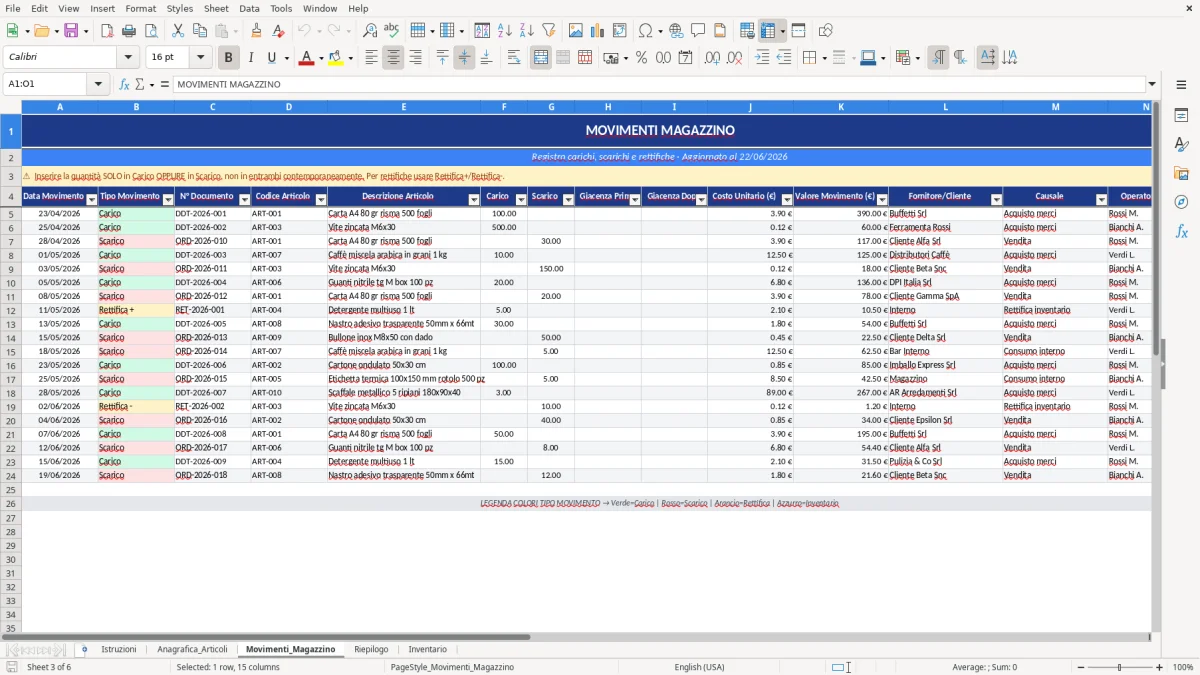 Figura 3: Foglio Movimenti_Magazzino - Modello Excel Gestione magazzino articoli Excel - Modello Gratis (2026)