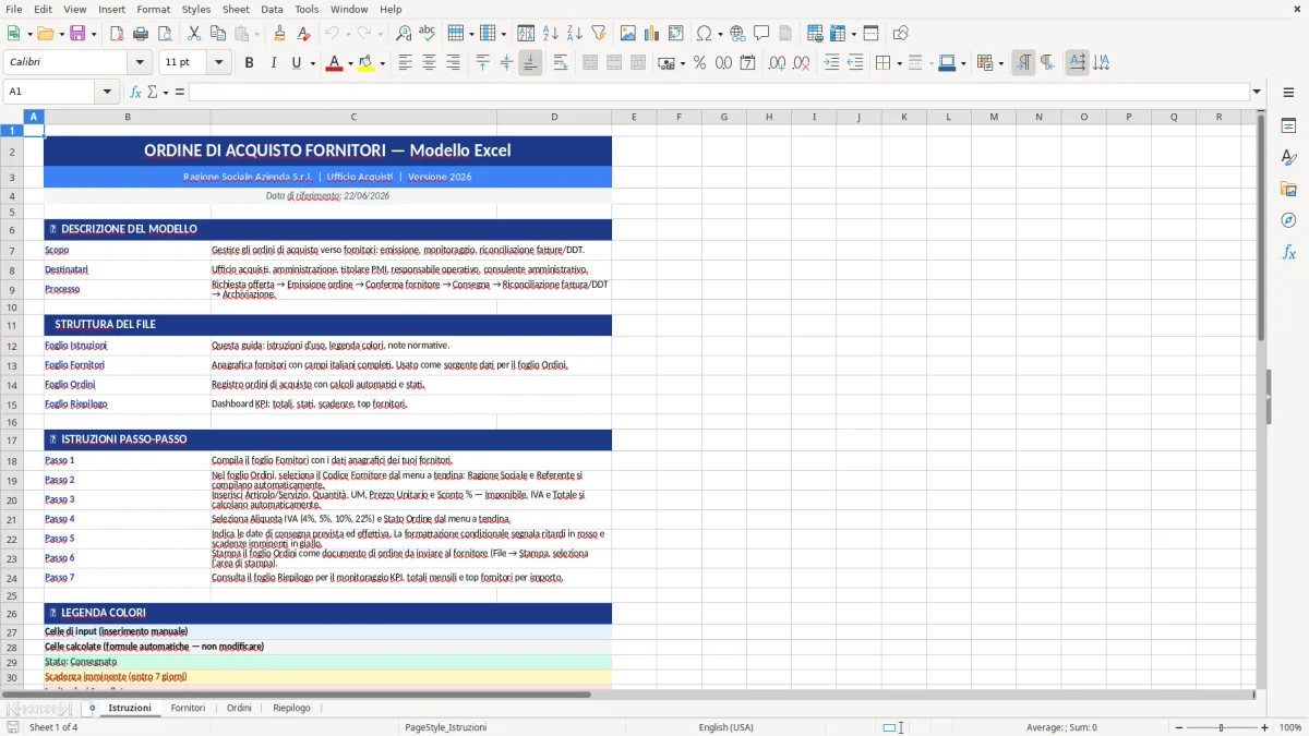Figura 1: Foglio Istruzioni - Modello Excel Ordine di acquisto fornitori Excel - Modello Gratis (2026)