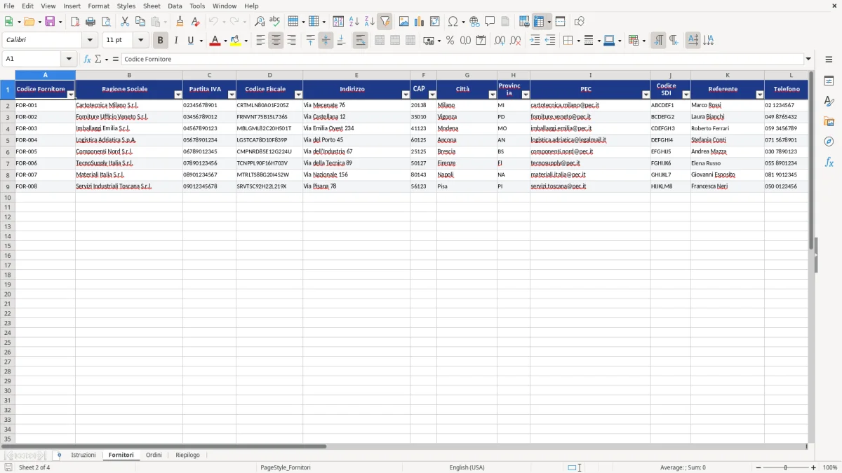 Figura 2: Foglio Fornitori - Modello Excel Ordine di acquisto fornitori Excel - Modello Gratis (2026)