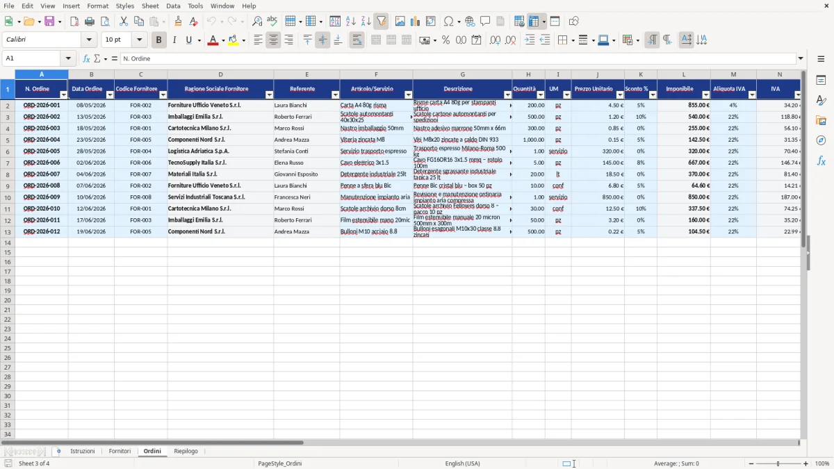 Figura 3: Foglio Ordini - Modello Excel Ordine di acquisto fornitori Excel - Modello Gratis (2026)