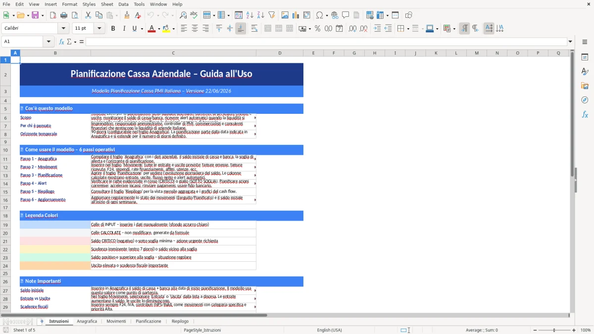 Figura 1: Foglio Istruzioni - Modello Excel Pianificazione cassa aziendale Excel - Modello Gratis (2026)