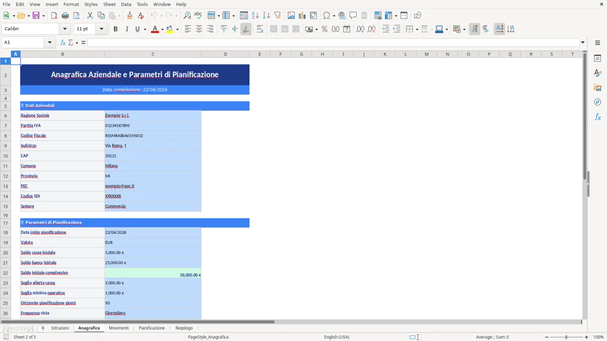 Figura 2: Foglio Anagrafica - Modello Excel Pianificazione cassa aziendale Excel - Modello Gratis (2026)