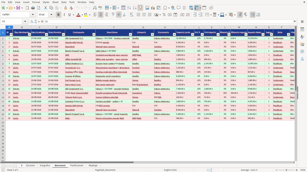 Figura 3: Foglio Movimenti - Modello Excel Pianificazione cassa aziendale Excel - Modello Gratis (2026)