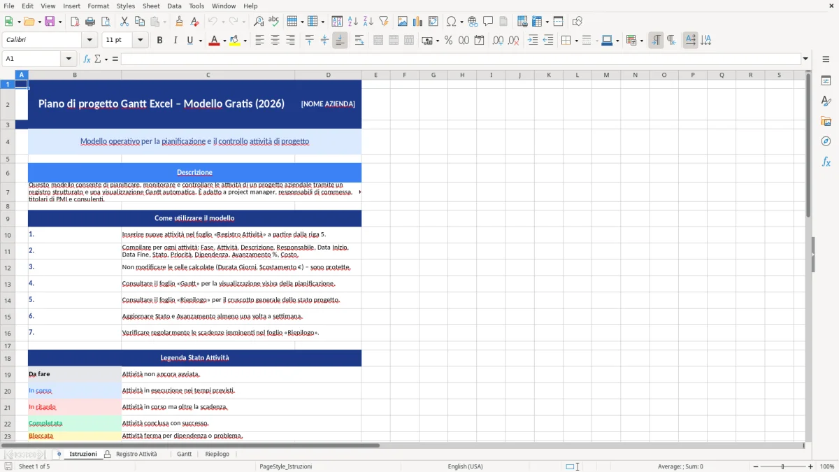Figura 1: Foglio Istruzioni - Modello Excel Piano di progetto Gantt Excel - Modello Gratis (2026)