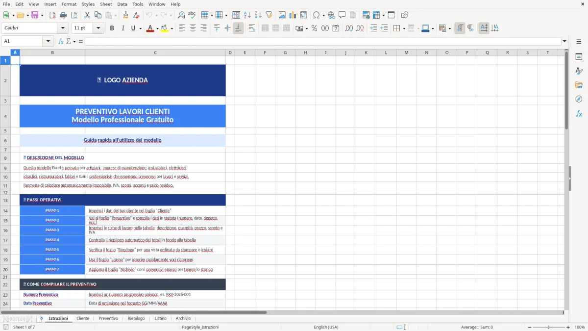 Figura 1: Foglio Istruzioni - Modello Excel Preventivo lavori clienti Excel - Modello Gratis (2026)