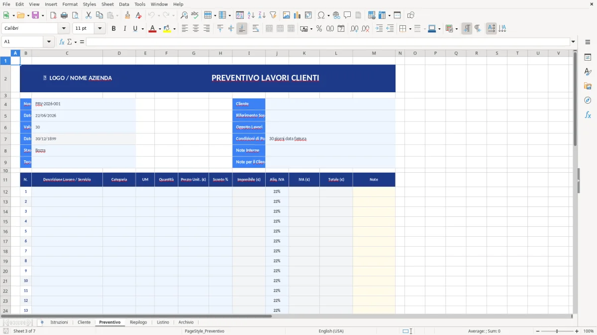 Figura 3: Foglio Preventivo - Modello Excel Preventivo lavori clienti Excel - Modello Gratis (2026)