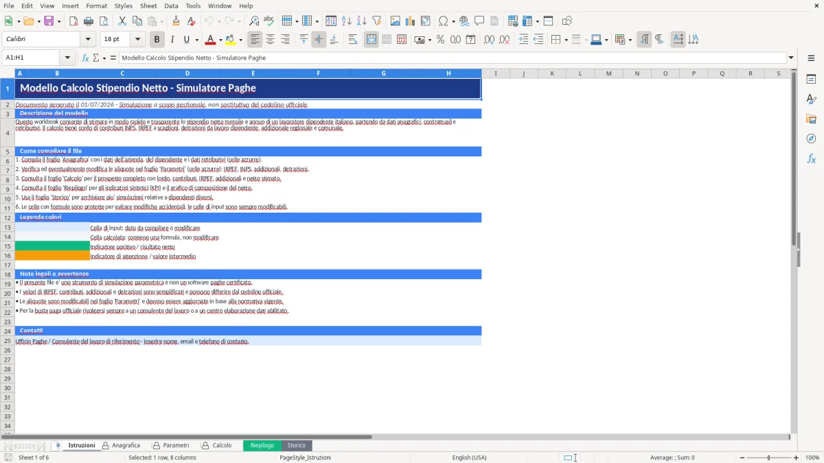 Figura 1: Foglio Istruzioni - Modello Excel modello calcolo stipendio netto excel