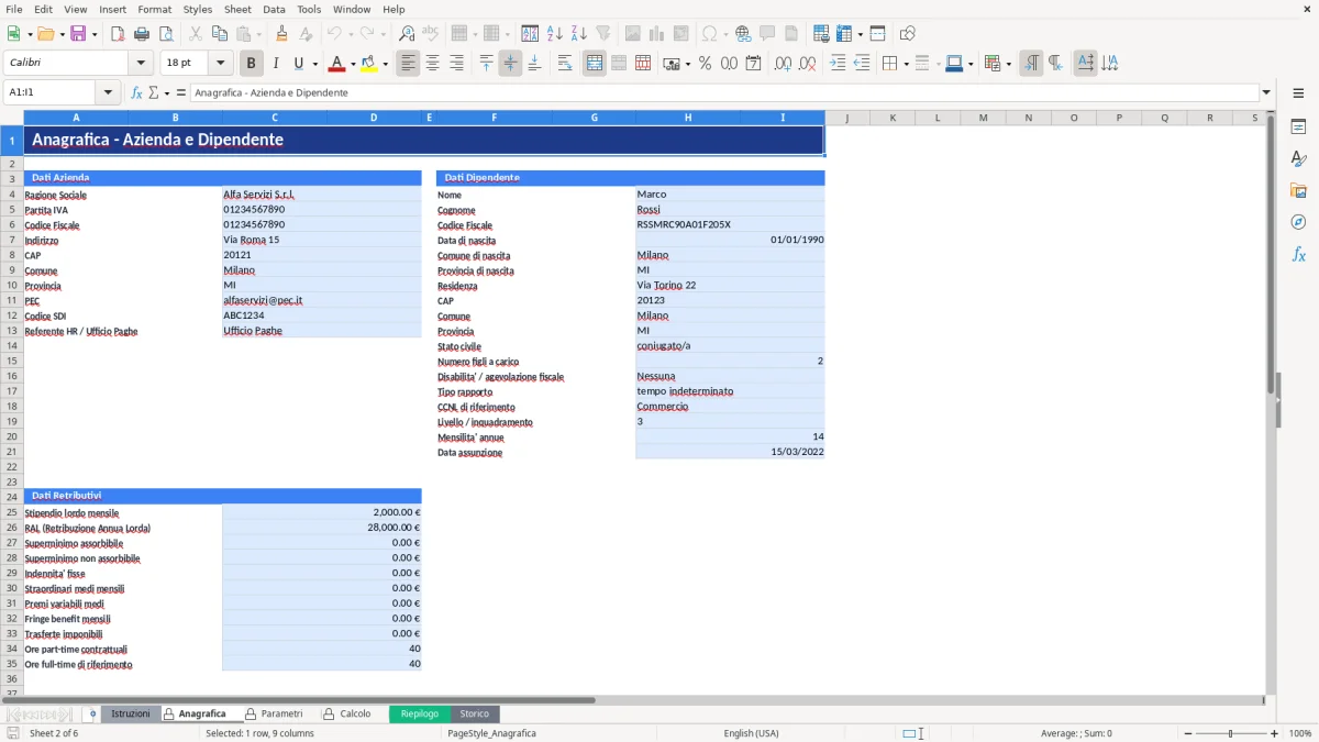 Figura 2: Foglio Anagrafica - Modello Excel modello calcolo stipendio netto excel