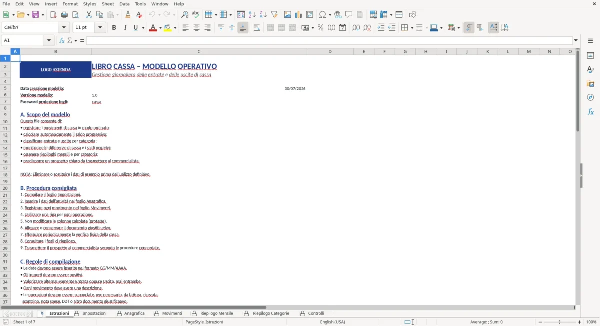 Excel – modello libro cassa excel – Istruzioni