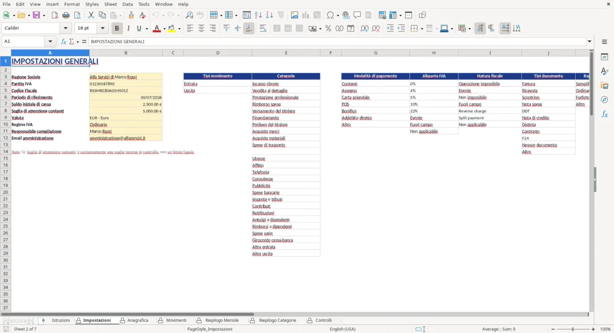 Excel – modello libro cassa excel – Impostazioni
