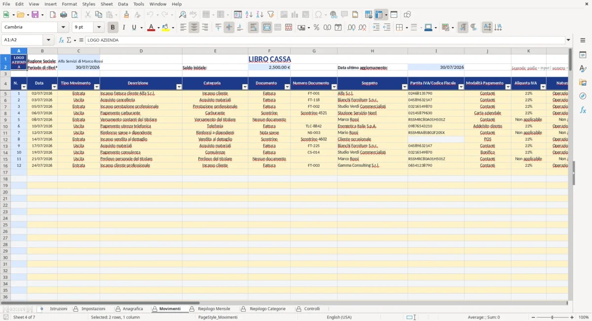 Excel – modello libro cassa excel – Movimenti