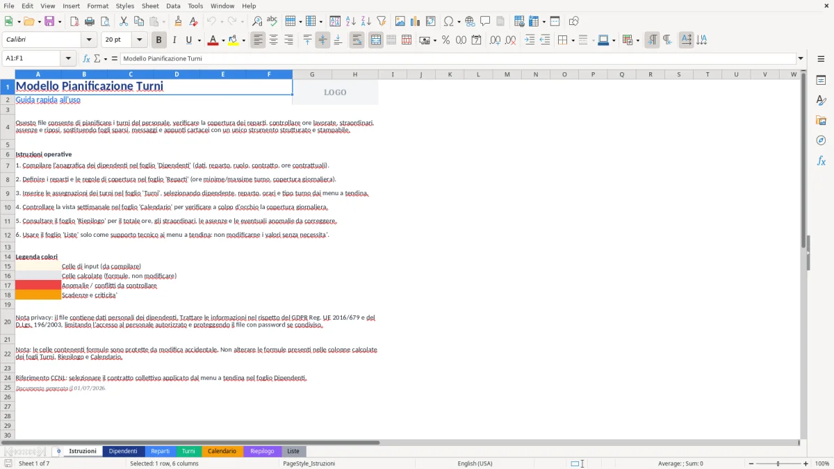 Figura 1: Foglio Istruzioni - Modello Excel modello pianificazione turni excel