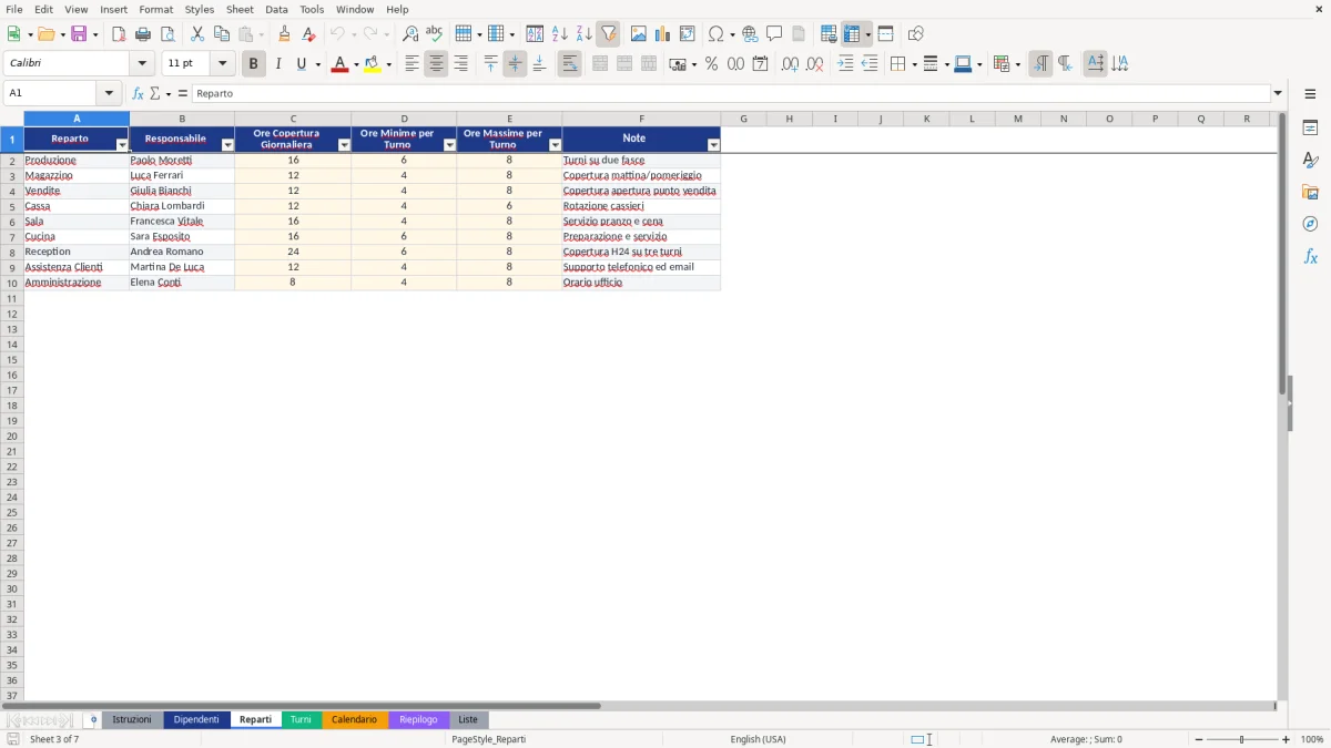 Figura 3: Foglio Reparti - Modello Excel modello pianificazione turni excel