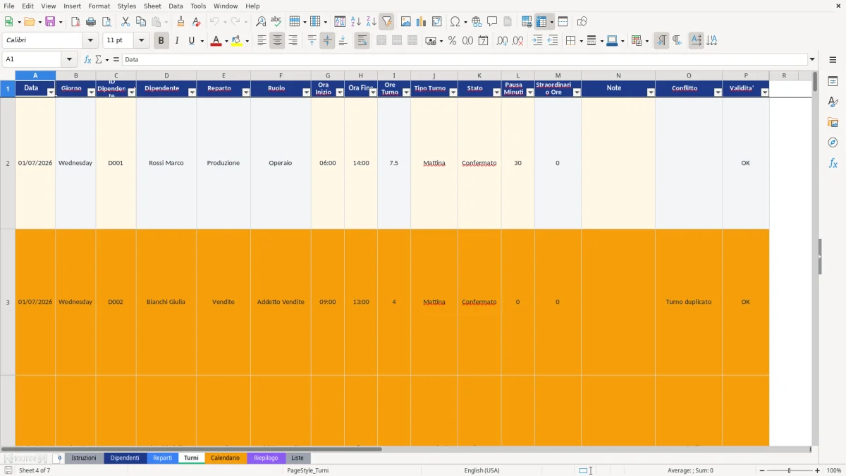 Figura 4: Foglio Turni - Modello Excel modello pianificazione turni excel