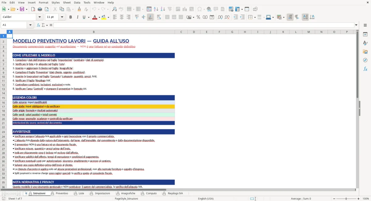 Excel – modello preventivo lavori excel – Istruzioni
