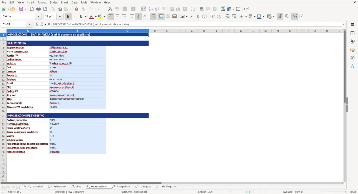 Excel – modello preventivo lavori excel – Impostazioni