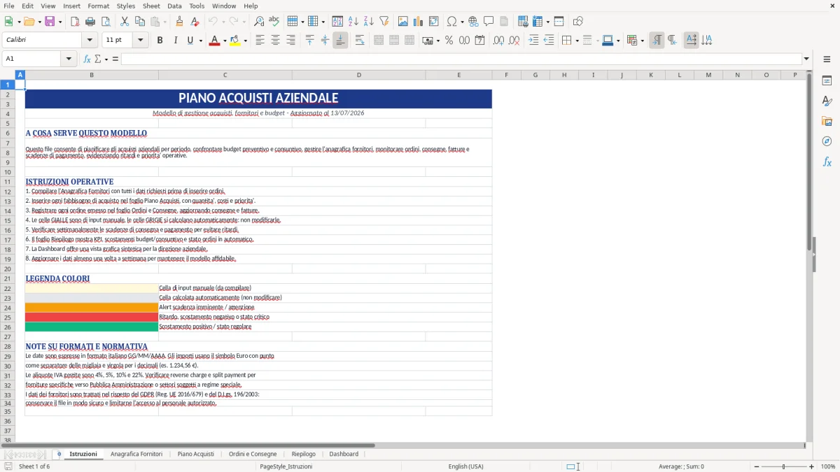 Figura 1: Foglio Istruzioni - Modello Excel piano acquisti aziendale excel