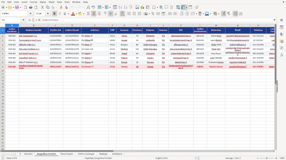 Figura 2: Foglio Anagrafica Fornitori - Modello Excel piano acquisti aziendale excel