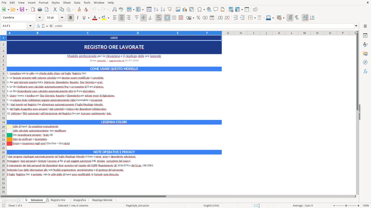 Figura 1: Foglio Istruzioni - Modello Excel registro delle ore lavorate excel