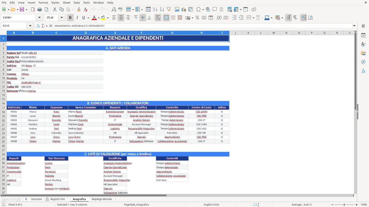 Figura 3: Foglio Anagrafica - Modello Excel registro delle ore lavorate excel