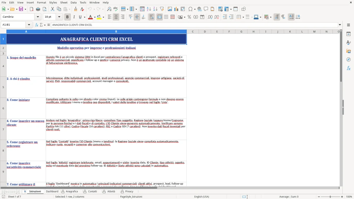 Figura 1: Foglio Istruzioni - Modello Excel Anagrafica clienti CRM Excel - Modello Gratis (2026)