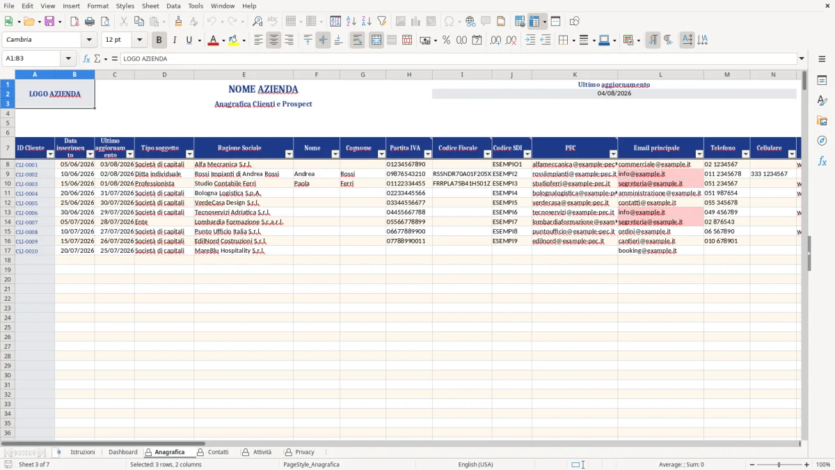 Figura 3: Foglio Anagrafica - Modello Excel Anagrafica clienti CRM Excel - Modello Gratis (2026)