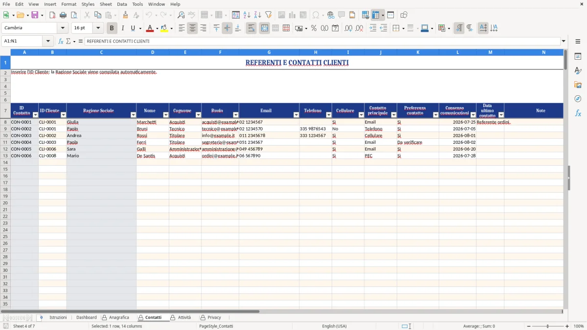Figura 4: Foglio Contatti - Modello Excel Anagrafica clienti CRM Excel - Modello Gratis (2026)