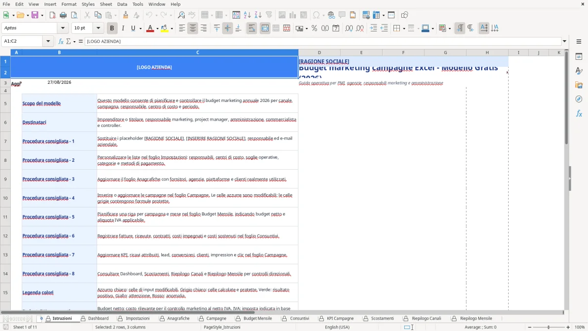 Figura 1: Foglio Istruzioni - Modello Excel Budget marketing campagne Excel - Modello Gratis (2026)