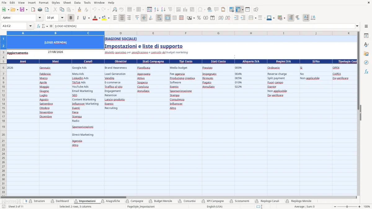 Figura 3: Foglio Impostazioni - Modello Excel Budget marketing campagne Excel - Modello Gratis (2026)