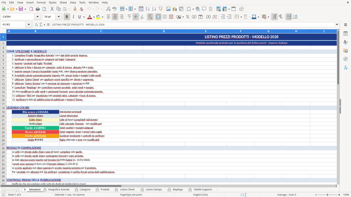 Figura 1: Foglio Istruzioni - Modello Excel Listino prezzi prodotti Excel - Modello Gratis (2026)