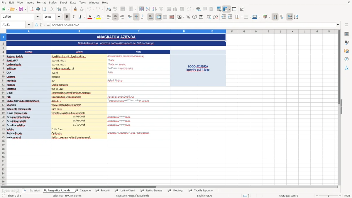 Figura 2: Foglio Anagrafica Azienda - Modello Excel Listino prezzi prodotti Excel - Modello Gratis (2026)