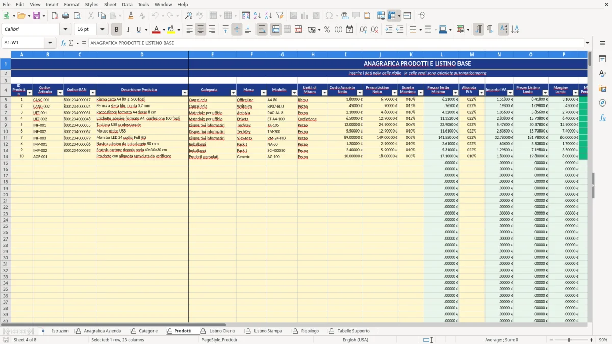 Figura 4: Foglio Prodotti - Modello Excel Listino prezzi prodotti Excel - Modello Gratis (2026)