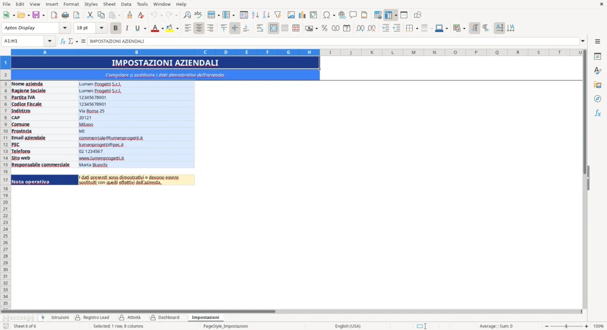 Figura 2: Foglio Impostazioni - Modello Excel Tracciamento lead commerciali Excel - Modello Gratis (2026)