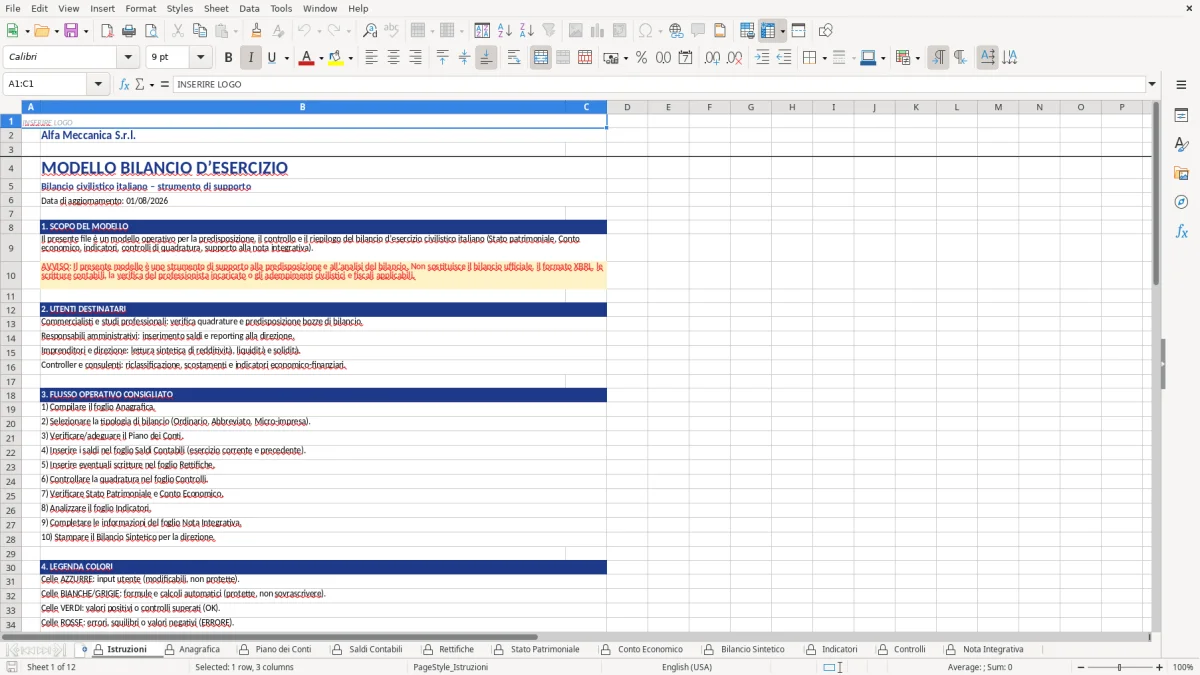 Figura 1: Foglio Istruzioni - Modello Excel modello bilancio excel