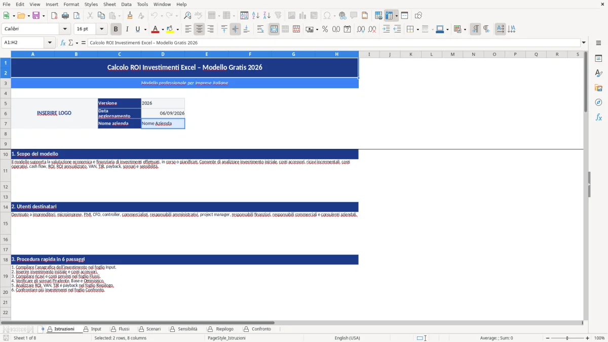 Figura 1: Foglio Istruzioni - Modello Excel Calcolo ROI investimenti Excel - Modello Gratis (2026)